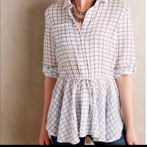 Anthropologie Blue Tassel Windowpane Top